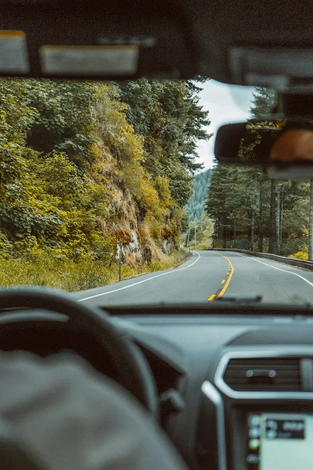 View through a car windshield of a quiet forest road